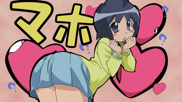 Anime picture 1920x1080 with pani poni dash! katagiri himeko single looking at viewer blush highres short hair light erotic black hair wide image purple hair pleated skirt bare legs wallpaper hand on face blush stickers girl uniform miniskirt serafuku