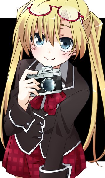 Anime picture 476x800 with trinity seven selina sherlock tatsuko (pixiv165434) single long hair tall image looking at viewer blush fringe blue eyes simple background blonde hair smile hair between eyes twintails holding black background plaid skirt glasses on head girl