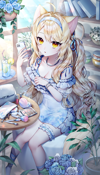 Anime picture 1500x2608 with original ha youn single long hair tall image looking at viewer fringe breasts blonde hair sitting holding animal ears yellow eyes cleavage indoors tail animal tail cat ears cat girl cat tail