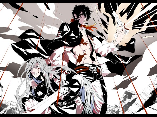 Anime picture 1600x1200 with katekyou hitman reborn superbi squalo xanxus black hair white hair scar clothes on shoulders multicolored explosion varia boy weapon sword gun