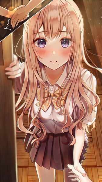 Anime picture 1500x2668 with original sakura (39ra) user nzph8757 long hair tall image looking at viewer blush fringe breasts blue eyes blonde hair hair between eyes standing indoors parted lips pleated skirt blurry mole short sleeves holding hands