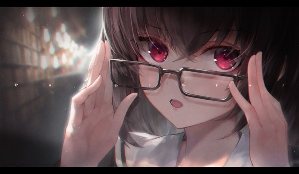 Anime picture 6000x3500 with original crystalherb single looking at viewer blush fringe highres short hair open mouth hair between eyes red eyes brown hair wide image absurdres upper body arms up :o light letterboxed close-up