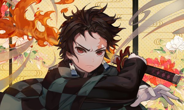 Anime picture 1500x900 with kimetsu no yaiba ufotable kamado tanjirou peach luo single looking at viewer short hair black hair red eyes wide image traditional clothes japanese clothes scar fighting stance checkered floral background boy gloves weapon earrings