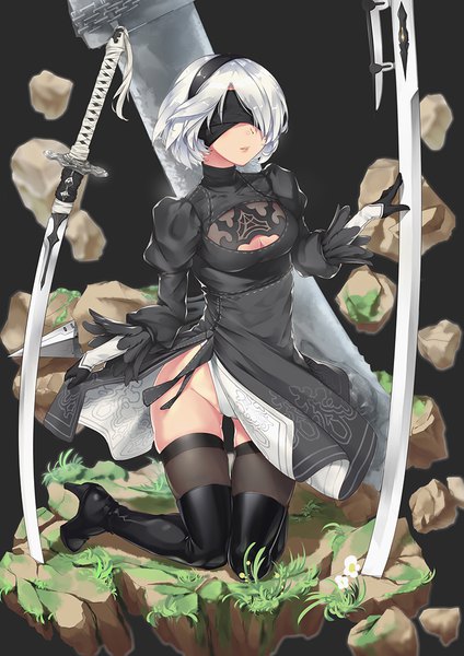 Anime picture 764x1080 with nier nier:automata yorha no. 2 type b grandgua single tall image short hair light erotic silver hair full body kneeling blindfold girl thighhighs dress weapon black thighhighs sword boots black dress