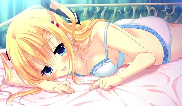 Anime picture 1024x600 with da capo iii morizono rikka tanihara natsuki single long hair looking at viewer blush open mouth blue eyes light erotic blonde hair wide image game cg underwear only girl underwear panties bow hair bow lingerie