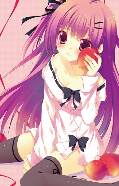 Anime picture 640x1000 with original sakura hanpen single long hair tall image looking at viewer blush smile red eyes purple hair one side up girl thighhighs dress bow black thighhighs fruit apple