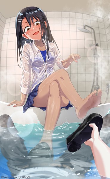 Anime picture 4000x6500 with ijiranaide nagatoro-san nagatoro hayase hmax long hair tall image looking at viewer blush fringe highres open mouth light erotic black hair smile hair between eyes sitting holding brown eyes signed absurdres full body