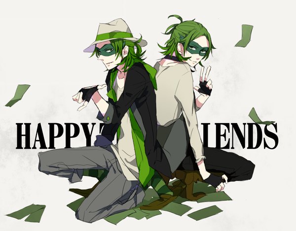 Anime picture 1422x1112 with happy tree friends shifty lifty zuzuo (artist) short hair smile green eyes green hair back to back personification hat fingerless gloves pants mask