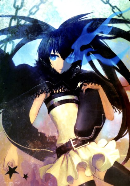 Anime picture 3500x4970 with black rock shooter black rock shooter (character) single long hair tall image looking at viewer highres blue eyes black hair twintails absurdres glowing glowing eye (eyes) girl skirt star (symbol)