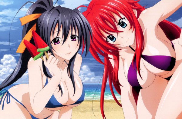 Anime picture 6950x4557 with highschool dxd rias gremory himejima akeno miyama zero looking at viewer highres breasts blue eyes light erotic black hair large breasts purple eyes multiple girls absurdres sky cleavage cloud (clouds) ponytail red hair very long hair