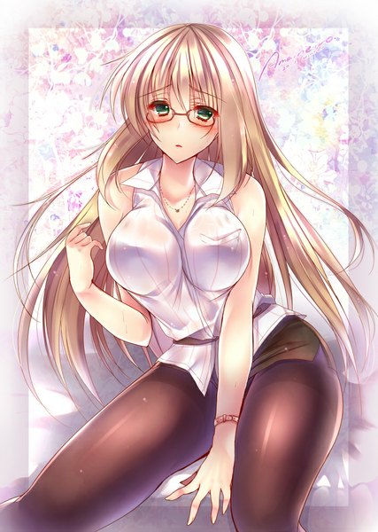 Anime picture 712x1000 with original amane ruri single long hair tall image looking at viewer blush breasts light erotic blonde hair large breasts green eyes girl skirt miniskirt pantyhose choker glasses