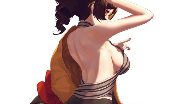 Anime picture 2973x1672 with genshin impact chiori (genshin impact) chagan single looking at viewer fringe highres short hair breasts light erotic simple background red eyes brown hair wide image large breasts white background upper body nail polish arm up sideboob