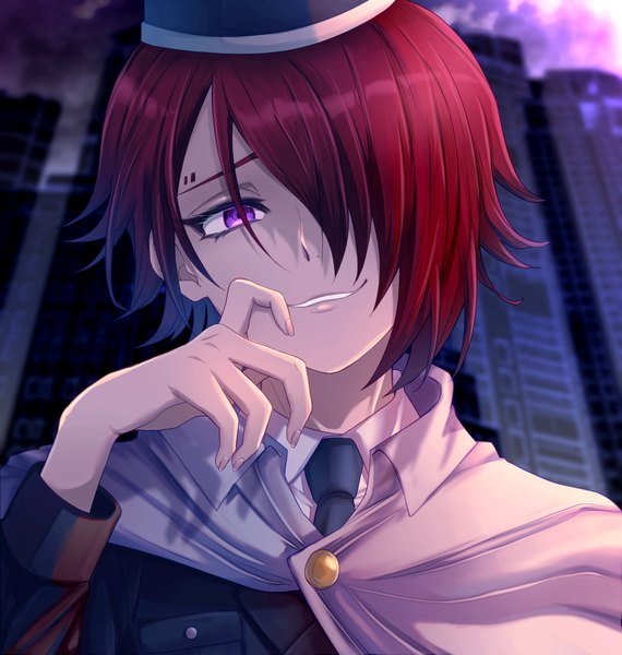 Anime picture 1600x1683 with master detective archives: rain code yomi hellsmile hong (beniimo hnkn) single tall image looking at viewer fringe short hair smile purple eyes upper body red hair head tilt hair over one eye boy hat necktie