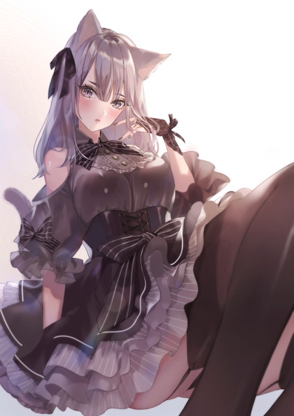 Anime picture 1107x1563 with original magako single long hair tall image looking at viewer blush fringe breasts light erotic simple background hair between eyes sitting purple eyes animal ears bent knee (knees) tail nail polish animal tail fingernails
