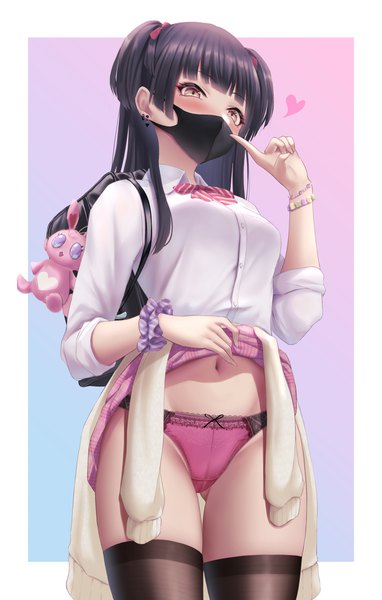 Anime picture 1470x2310 with idolmaster idolmaster shiny colors mayuzumi fuyuko momi yuro single long hair tall image looking at viewer blush fringe light erotic black hair simple background standing brown eyes payot blunt bangs long sleeves from below two side up
