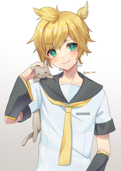Anime picture 2000x2829 with project sekai vocaloid kagamine len rea liser single tall image looking at viewer blush highres short hair simple background blonde hair smile green eyes signed upper body ponytail twitter username gradient background sailor collar