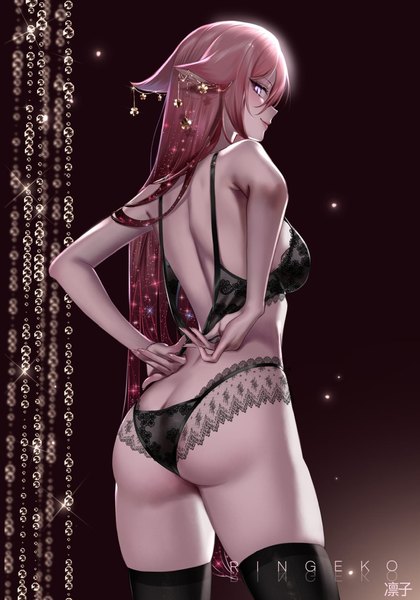 Anime picture 1344x1920 with genshin impact yae miko ringeko-chan single long hair tall image looking at viewer fringe light erotic simple background smile hair between eyes standing signed animal ears pink hair ass profile pink eyes fingernails