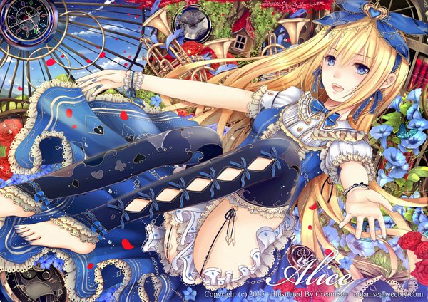 Anime picture 1024x724 with alice in wonderland alice (alice in wonderland) creamsea single long hair blush open mouth blue eyes light erotic blonde hair bare legs girl thighhighs dress flower (flowers) bow black thighhighs hair bow petals frills