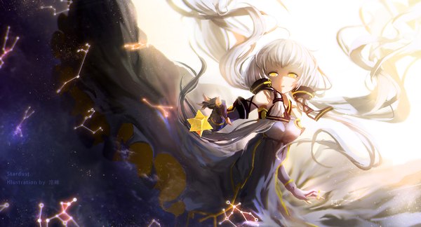 Anime picture 1500x810 with vocaloid vocaloid china xingchen lengchan (fu626878068) single long hair looking at viewer fringe highres wide image bare shoulders signed yellow eyes ahoge white hair parted lips wind night night sky sleeveless