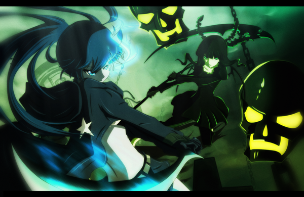 Anime picture 2000x1300 with black rock shooter black rock shooter (character) dead master nuclearagent long hair highres blue eyes black hair twintails green eyes sky cloud (clouds) braid (braids) horn (horns) coloring glowing letterboxed glowing eye (eyes) battle girl