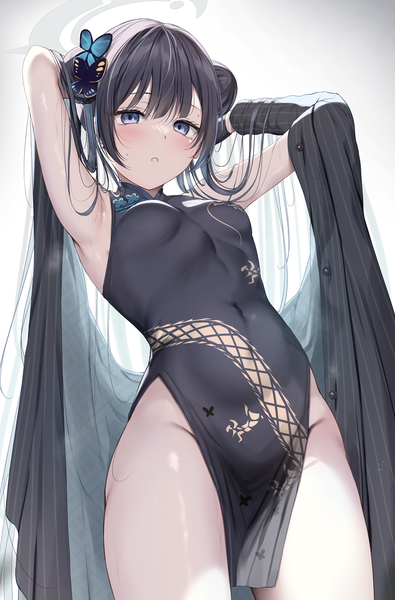 Anime picture 1953x2967 with blue archive kisaki (blue archive) tomoo (tomo) single long hair tall image looking at viewer blush fringe highres light erotic black hair simple background purple eyes twintails blunt bangs traditional clothes arms up from below armpit (armpits)