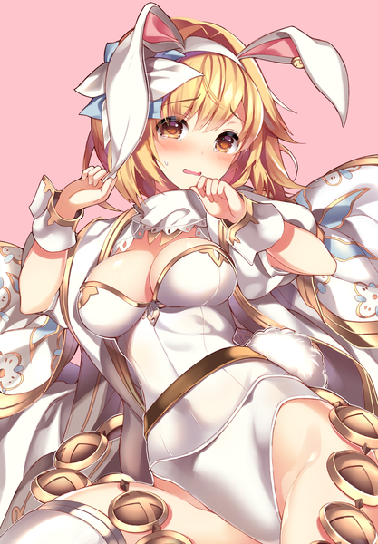 Anime picture 1200x1726 with granblue fantasy gita (granblue fantasy) homaderi single tall image blush fringe short hair breasts light erotic simple background blonde hair hair between eyes brown eyes animal ears looking away cleavage upper body tail parted lips