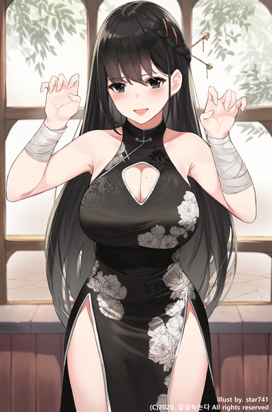 Anime picture 2113x3200 with original star741 single long hair tall image looking at viewer blush fringe highres breasts open mouth light erotic black hair smile hair between eyes large breasts standing bare shoulders signed cleavage