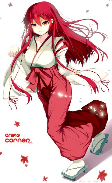 Anime picture 1290x2100 with original hews single long hair tall image looking at viewer simple background red eyes white background red hair traditional clothes midriff miko girl leaf (leaves)