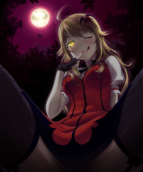 Anime picture 1248x1500 with idolmaster hoshii miki senka (artist) single long hair tall image blush light erotic blonde hair sitting yellow eyes ahoge one eye closed wink spread legs glowing finger to mouth :p red moon my dear vampire