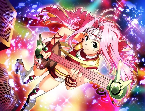 Anime picture 1188x912 with macross macross 7 mylene jenius tagme (artist) single long hair looking at viewer smile standing holding green eyes pink hair light smile floating hair standing on one leg playing instrument dancing music girl gloves