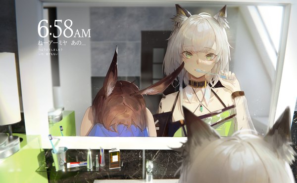 Anime picture 2000x1238 with arknights amiya (arknights) kal'tsit (arknights) kuroduki (pieat) highres short hair brown hair wide image multiple girls green eyes animal ears silver hair indoors bunny ears text reflection morning question time brushing teeth