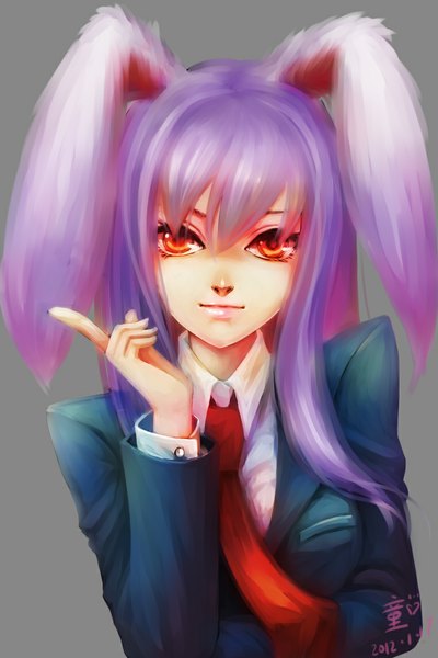 Anime picture 760x1140 with touhou reisen udongein inaba tongyaohuan single long hair tall image looking at viewer simple background red eyes animal ears purple hair lips grey background bunny ears girl shirt necktie