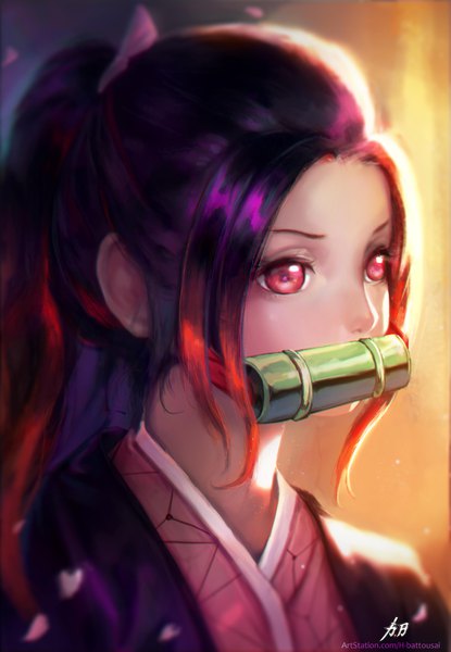 Anime picture 2765x3999 with kimetsu no yaiba ufotable kamado nezuko hitokiri battousai single long hair tall image highres holding signed payot looking away purple hair upper body ponytail traditional clothes japanese clothes pink eyes multicolored hair realistic
