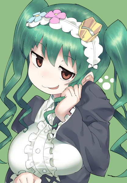 Anime picture 897x1292 with planet with j.c. staff kuroi ginko monosenbei single long hair tall image looking at viewer fringe breasts open mouth simple background smile hair between eyes twintails brown eyes payot upper body head tilt green hair