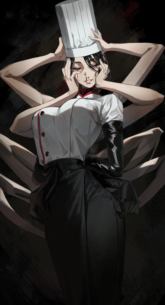 Anime picture 3000x5530 with chainsaw man mappa falling devil (chainsaw man) maenoo single tall image highres short hair black hair simple background eyes closed black background bleeding extra arms nosebleed chef severed head girl uniform blood