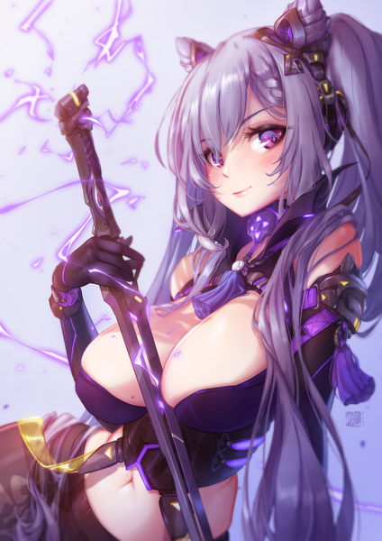 Anime picture 2893x4096 with genshin impact keqing (genshin impact) mitsu (mitsu art) single long hair tall image looking at viewer blush fringe highres breasts light erotic simple background smile hair between eyes large breasts sitting purple eyes twintails signed
