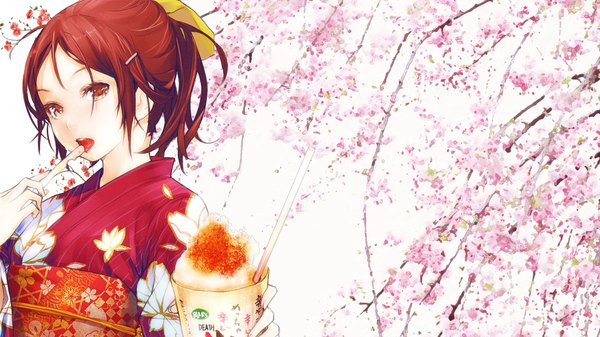 Anime picture 1920x1080 with original redjuice single highres short hair open mouth wide image yellow eyes red hair traditional clothes japanese clothes cherry blossoms third-party edit girl hair ornament bow hair bow food sweets kimono