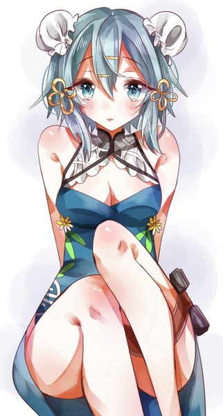 Anime picture 1080x2008 with sword art online a-1 pictures asada shino chima (fusigiko) single tall image looking at viewer blush fringe short hair breasts blue eyes light erotic simple background hair between eyes large breasts sitting bare shoulders blue hair cleavage