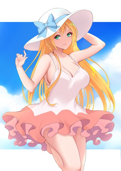 Anime picture 955x1350 with princess connect! re:dive princess connect! pecorine (princess connect!) shito zhizhen single long hair tall image looking at viewer blush fringe breasts light erotic blonde hair smile hair between eyes large breasts bare shoulders sky cleavage cloud (clouds)