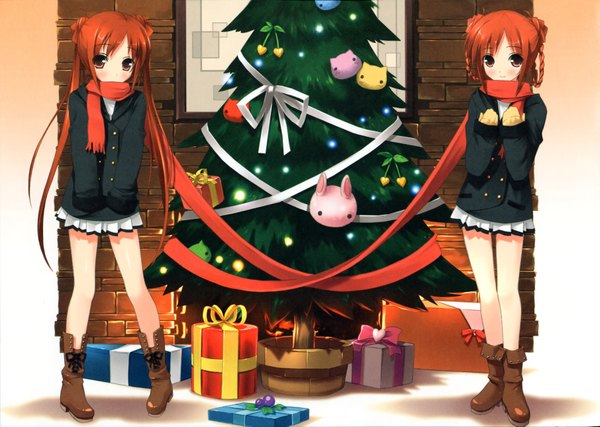 Anime picture 3623x2581 with original kantoku long hair highres multiple girls absurdres red hair braid (braids) christmas new year girl ribbon (ribbons) 2 girls miniskirt boots scarf gift christmas tree bauble