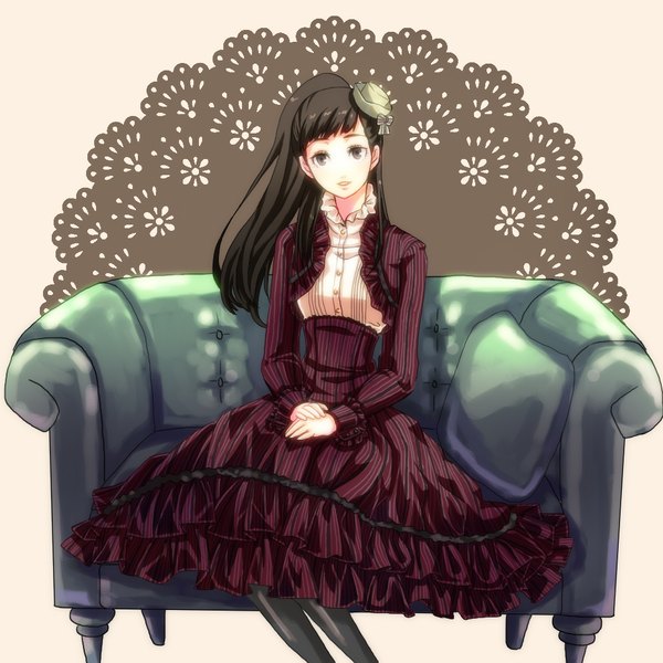 Anime picture 1000x1000 with persona iwasaki rio ichimatsu1990 single long hair looking at viewer black hair black eyes girl dress hat couch