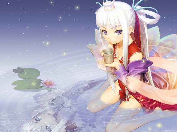 Anime picture 1280x960 with shining (series) shining wind houmei tony taka single long hair purple eyes white hair ponytail japanese clothes barefoot reflection girl water fireflies water lily
