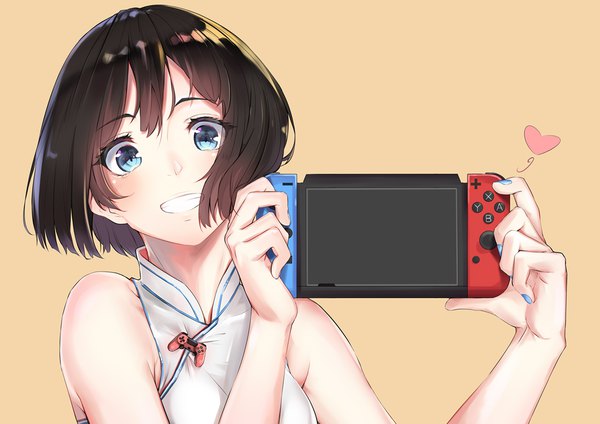 Anime picture 1023x724 with original nintendo coffee (89551285) single looking at viewer blush short hair blue eyes simple background smile brown hair holding upper body nail polish sleeveless girl heart nintendo switch game console