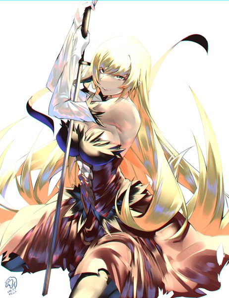 Anime picture 2700x3507 with kizumonogatari shaft (studio) monogatari (series) kissshot acerolaorion heartunderblade dorashieru single tall image looking at viewer fringe highres breasts blonde hair simple background smile hair between eyes large breasts standing white background bare shoulders holding