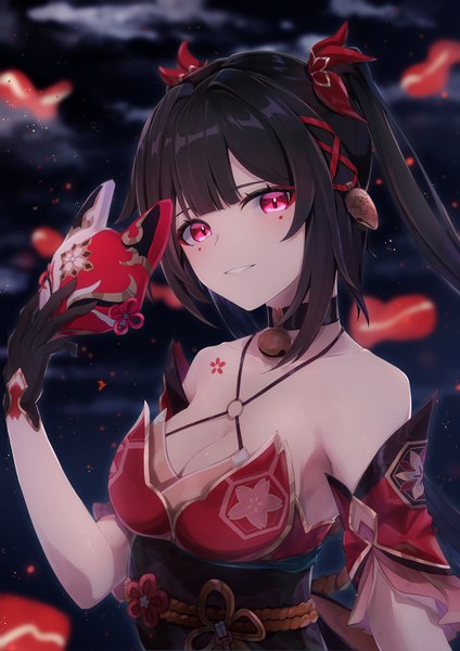 Anime picture 1488x2105 with honkai: star rail honkai (series) sparkle (honkai: star rail) ewoagemasull single long hair tall image looking at viewer fringe breasts light erotic black hair smile large breasts twintails bare shoulders payot cleavage upper body blunt bangs