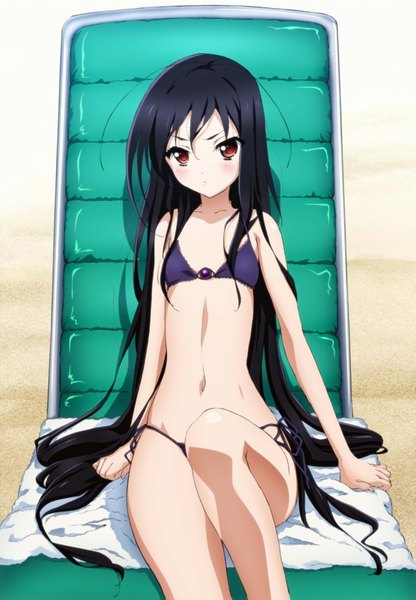 Anime picture 1109x1600 with accel world sunrise (studio) kuroyukihime single long hair tall image looking at viewer blush breasts light erotic black hair sitting bare shoulders brown eyes bent knee (knees) bare legs bare belly flat chest girl navel