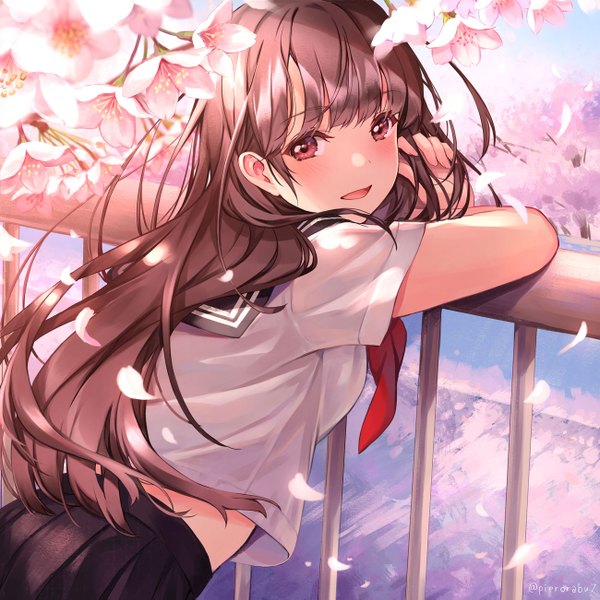 Anime picture 1300x1301 with original pierorabu single long hair tall image looking at viewer blush fringe breasts open mouth red eyes brown hair standing signed outdoors blunt bangs nail polish pleated skirt looking back fingernails