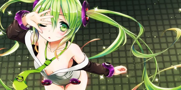 Anime picture 1500x750 with vocaloid hatsune miku kuromaru single looking at viewer blush wide image twintails bare shoulders green eyes very long hair one eye closed green hair wink girl necktie