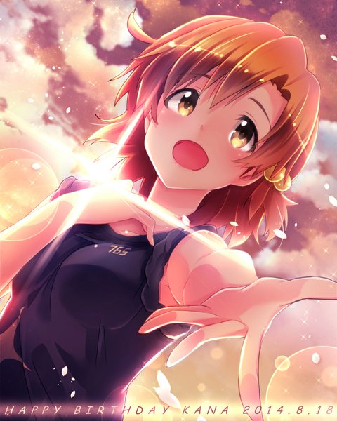 Anime picture 765x956 with idolmaster idolmaster million live! yabuki kana ima (lm ew) single tall image short hair open mouth smile yellow eyes sky cloud (clouds) sunlight orange hair girl hair ornament hair tie hair bobbles