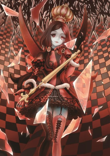 Anime picture 879x1243 with american mcgee's alice (game) alice (american mcgee's) bouzu single long hair tall image looking at viewer breasts open mouth holding bent knee (knees) multicolored hair two-tone hair from below heterochromia checkered knees touching checkered background broken glass girl